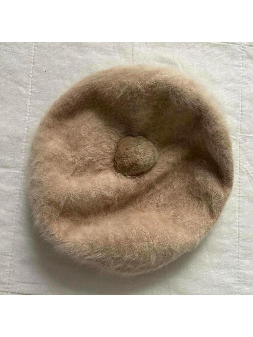 Wool beige pink beret with top pom Pom detail